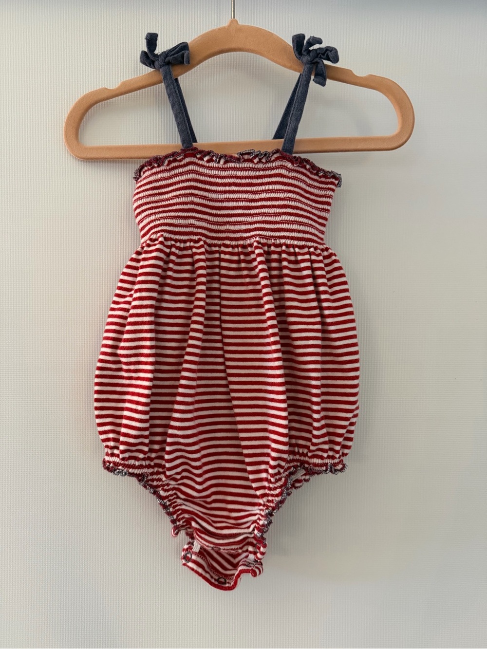 Burt's Bees Baby Red and White Striped Bubble Romper with Navy Trim